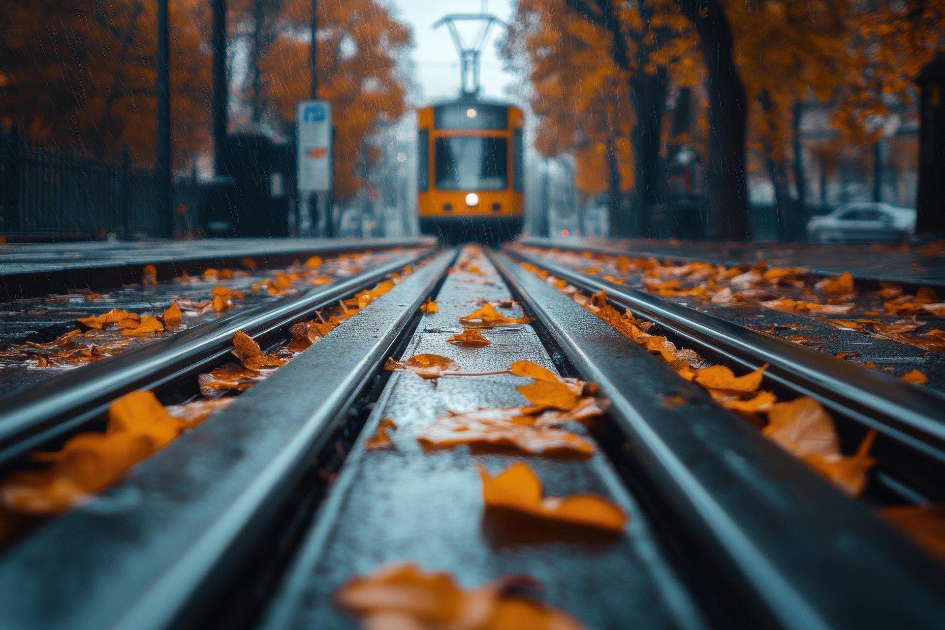 Streetcar approaching along leaf-covered rails on a rainy, tree-lined city street